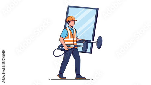 Installation Technician at Work: An installation technician diligently carries a large pane of glass, showcasing expertise in his trade. He carries the tools with careful precision.