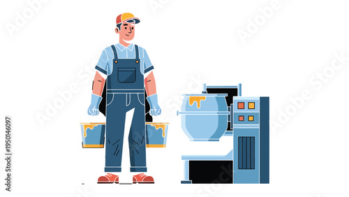 Construction Worker with Mixer: An illustration depicts a construction worker confidently standing beside an industrial mixer, ready for a day of productive work in the construction industry.