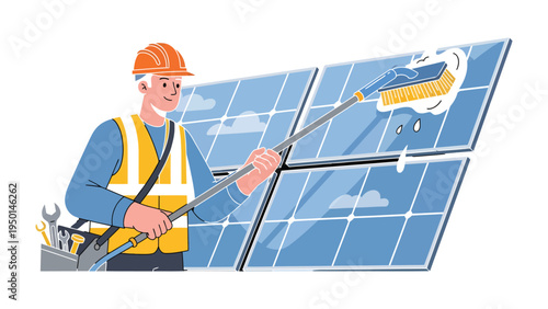 Renewable Energy Maintenance: A skilled technician diligently cleans a solar panel array, ensuring optimal efficiency. This image speaks to the importance of clean energy.