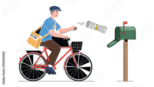 News Delivery: A dedicated mailman, pedaling his bicycle, meticulously delivers a rolled-up newspaper into a classic green mailbox, embodying reliability and daily routine.