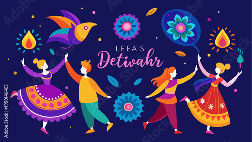 Vector illustration of dancing people celebrating Diwali