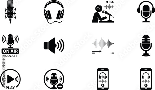 Professional Podcasting and Audio Content Icon Set Featuring Microphones Headphones Studio Recording Sound Waves and Voice Broadcasting Silhouettes
