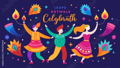 Diwali celebration illustration with dancing people and lamps
