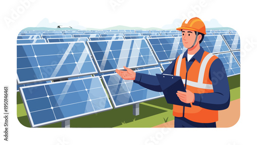 Solar Energy Professional: A professional in safety vest inspects the solar panel field. Emphasizing commitment to renewable energy and sustainable environment. 