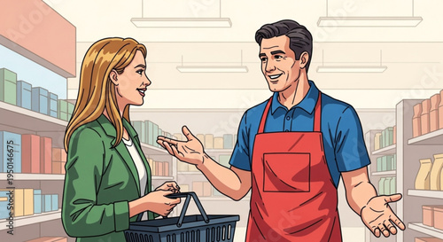 Smiling store clerk and customer talking in a grocery store aisle with shopping basket