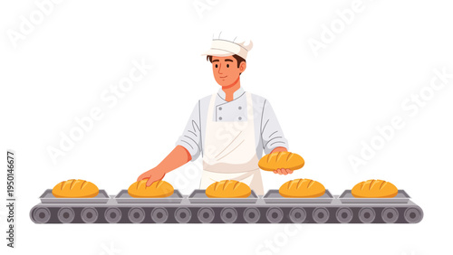 Artisan Baker Inspects Fresh Loaves: An artisan baker, expertly inspecting the freshly baked golden loaves of bread as they move along the conveyor belt.