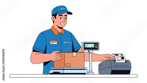 Shipping Process: A friendly shipping clerk, in uniform, carefully weighs and labels a package, representing the efficiency and accuracy of modern delivery systems. 