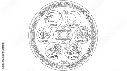 A traditional Jewish Seder plate with symbolic foods on transparent background