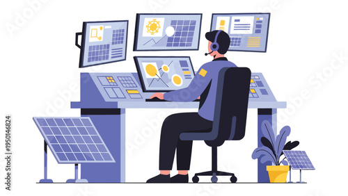 Solar Energy Control: A dedicated technician diligently monitors a control panel, overseeing a sustainable energy system powered by solar panels.