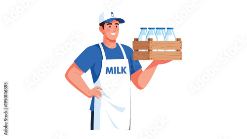 Fresh Delivery: A smiling dairy worker, his apron proudly bearing the word MILK, carries a wooden crate filled with glass bottles, offering the promise of wholesome freshness. 