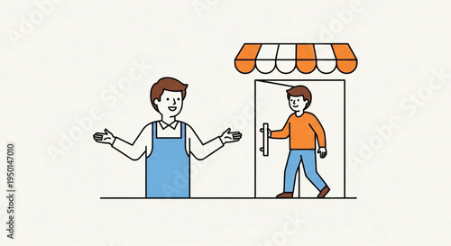 Two men interact outside a store with orange awning one welcoming the other