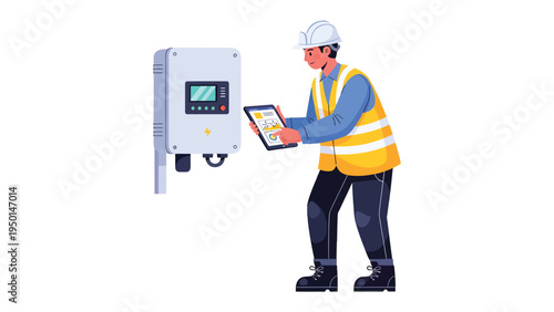 Energy Technician Inspecting Solar Panel System: A diligent technician in a protective helmet meticulously inspects a solar panel system. Focused on his work.