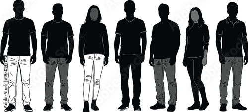 Group of diverse young men and women standing in a row wearing casual clothing as black silhouettes for vector graphic design