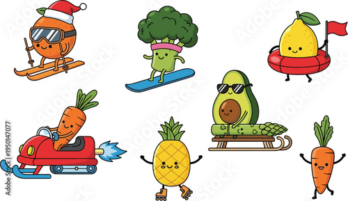 Funny fruit and vegetable characters collection featuring cute carrot skiing broccoli snowboarding avocado sledding and pineapple skating for winter sports design.