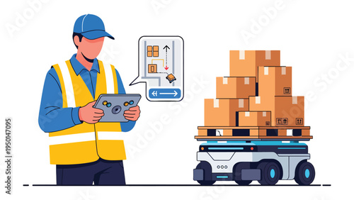 Warehouse Automation: A warehouse worker utilizes a tablet to monitor an autonomous mobile robot (AMR) transporting a stack of cardboard boxes.