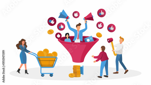 Business team celebrating success with megaphones and coins