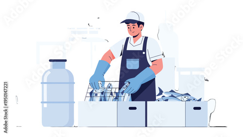 Seafood Processing: A professional expertly manages a seafood processing workflow, demonstrating the crucial stages of handling and packaging.