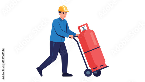 Worker Delivering Gas Cylinder: A worker diligently maneuvers a large gas cylinder, highlighting the crucial process of delivery and logistical support.