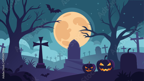 Halloween graveyard scene vector illustration
