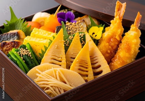 タケノコ, 竹の子, 弁当, 弁当箱, 和風, 京風, 食事, 健康な, 料理, おいしい, 新鮮, 野菜, 美食家