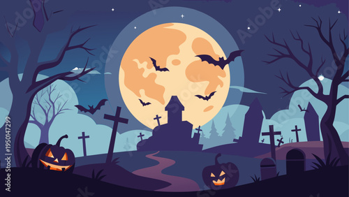 Halloween background with spooky graveyard and full moon