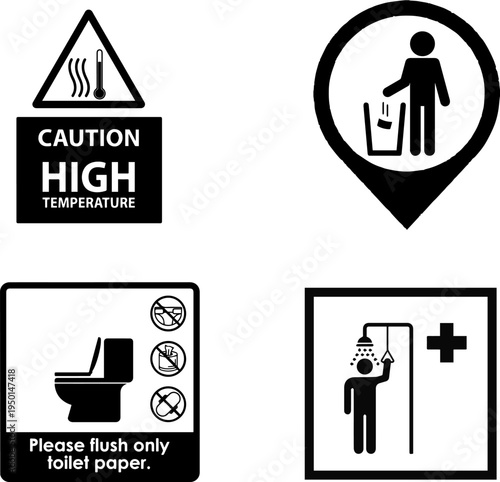 Black and White Safety Information Icons and Industrial Warning Signs Set