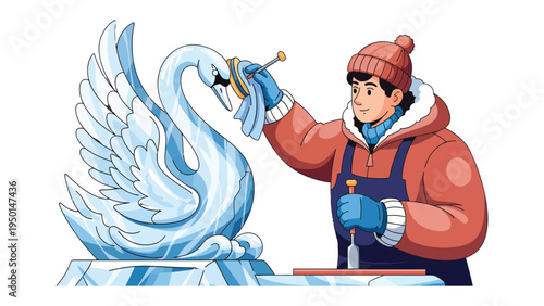 The Ice Swan Artisan: An artisan meticulously sculpts an elegant ice swan with focused skill, showcasing the artistry of ice carving.