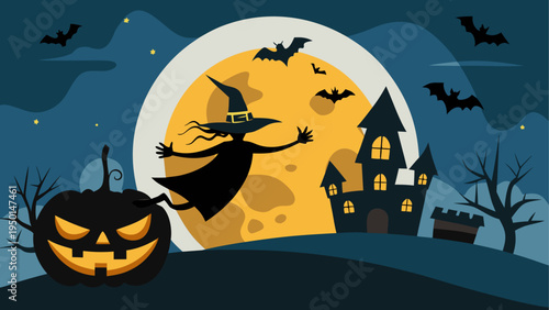 Halloween vector illustration with witch, pumpkins and castle