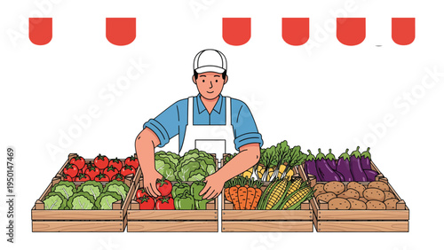 Fresh Produce Vendor: A cheerful vendor, stands proudly behind a display of colorful, fresh produce, arranging the vibrant fruits and vegetables, offering a visual feast of nature's bounty.