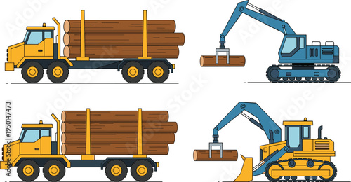 Logging truck carrying timber logs wood industry heavy machinery forestry equipment loader crane industrial vehicle transportation lumberjack work timberland vector illustration.