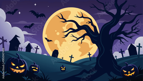 Halloween graveyard scene with pumpkins and moon