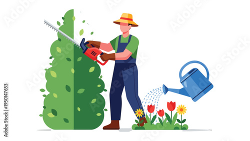 The Gardener's Touch: A dedicated gardener sculpts a vibrant hedge with precision, while tending to blossoming flowers and nurturing the landscape.
