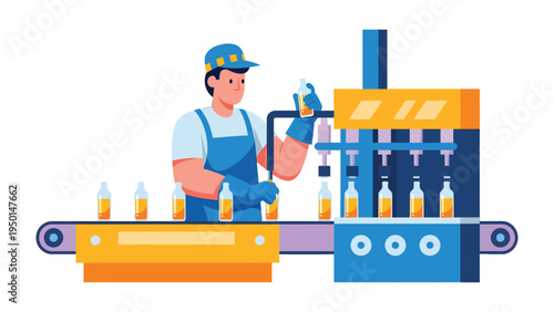 Precision in Production: A skilled worker meticulously oversees the filling process, as a machine precisely dispenses liquid into bottles on a conveyor belt, representing an efficient bottling line.