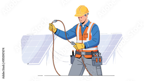 Solar Panel Technician at Work: An electrician, in a high-visibility vest and hardhat, meticulously works with electrical wires connected to solar panels.