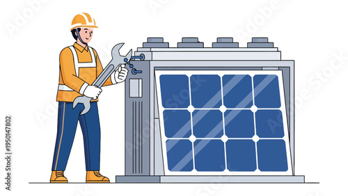 Renewable Energy Maintenance: An engineer in protective gear works diligently on a solar panel setup, wielding a wrench with expertise to ensure optimal energy efficiency.