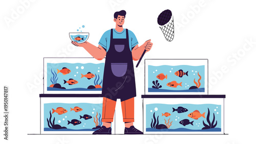 Aquarium Expert's Delight: An aquarium expert tending to vibrant aquariums, filled with colorful fish and aquatic life. A snapshot of professional care in the realm of underwater habitats