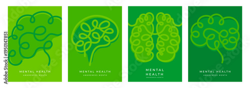 Mental Health Awareness day and month. Human brain icon set in line minimal outline style isolated on green background.