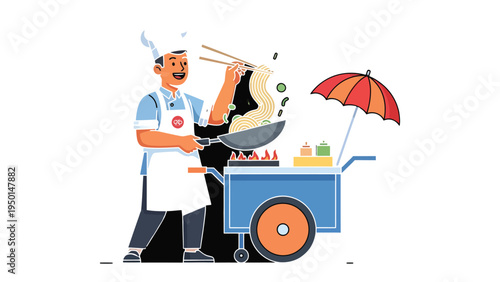 Street Food Chef: A skilled chef, at his food cart, masterfully prepares delicious noodles with precision, encapsulating the essence of street food culture.