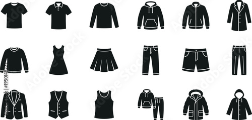 Professional Clothing and Fashion Apparel Icon Set Featuring T-shirts Hoodies Jackets Trousers Dresses and Casual Wear Silhouettes for Retail and E-commerce