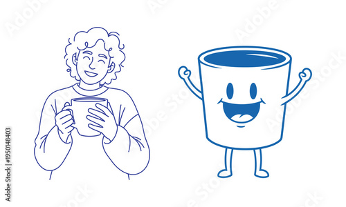 A cartoon character and a smiling mug