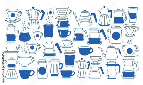 Collection of various coffee and tea cups and pots
