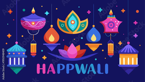 Diwali festival vector illustration with colorful lamps and decorations
