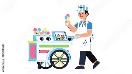 Ice Cream Vendor's Delight: An ice cream vendor, smiles while serving up a colourful ice cream cone, standing beside a charming ice cream cart, set against the backdrop. 