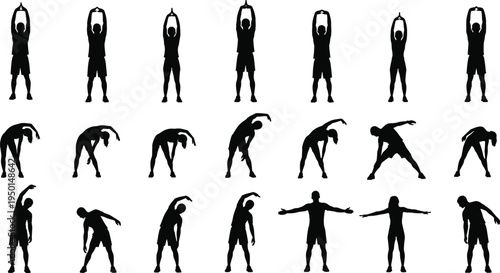 Stretching exercise silhouette set featuring men and women performing fitness routines workout poses gymnastics yoga movements and healthy lifestyle training vectors.