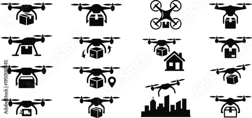 Professional Drone Delivery and Logistics Icon Set Featuring Quadcopters Carrying Parcels Autonomous Shipping Smart City Distribution and Air Freight Silhouettes