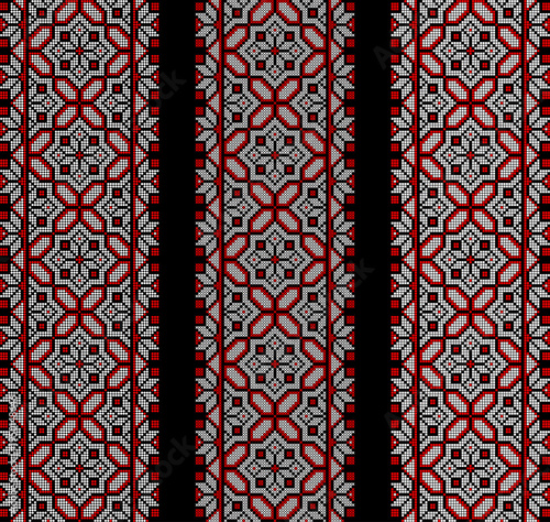 Vector set of traditional Ukrainian embroidery border ornaments inspired by vyshyvanka patterns. Ethnic textile design with geometric folk motifs in red and black colors