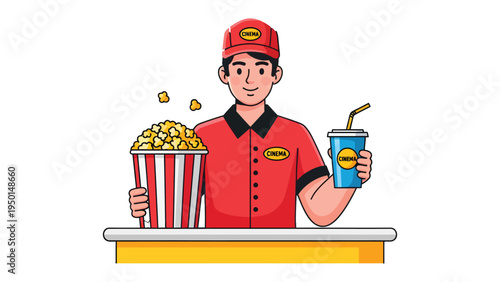 Movie Theater Attendant: A cheerful movie theater attendant offers a large popcorn and a refreshing drink, ready to enhance the cinematic experience.