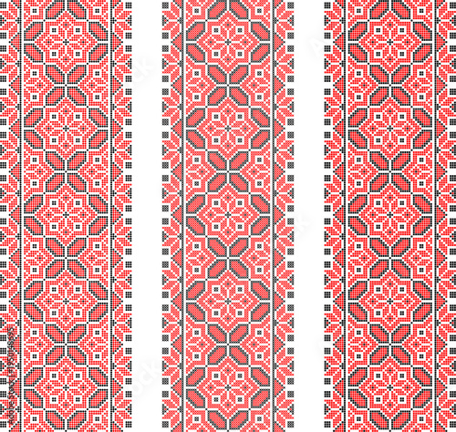 Vector set of traditional Ukrainian embroidery border ornaments inspired by vyshyvanka patterns. Ethnic textile design with geometric folk motifs in red and black colors