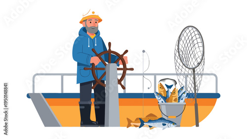 A Day on the Water: A seasoned fisherman, weathered by the sun and sea, steers his boat, embodying the essence of a tranquil day at sea, ready to reel in the day's catch.