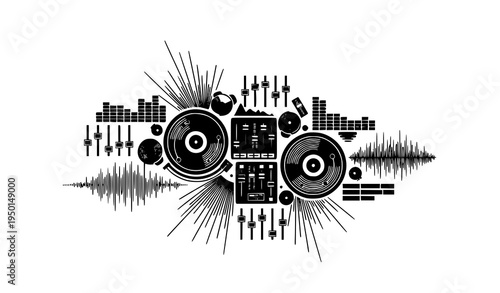 Digital Music Interface Vector Techno DJ Waveform Mixer Silhouette